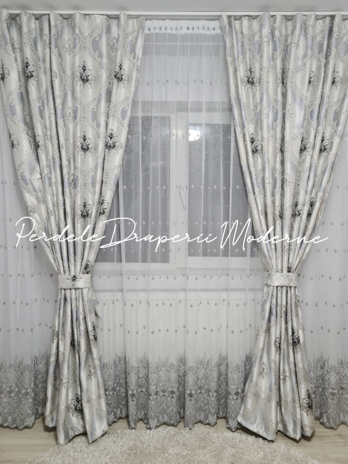 Draperie saten,model baroc,argintiu imagine 5