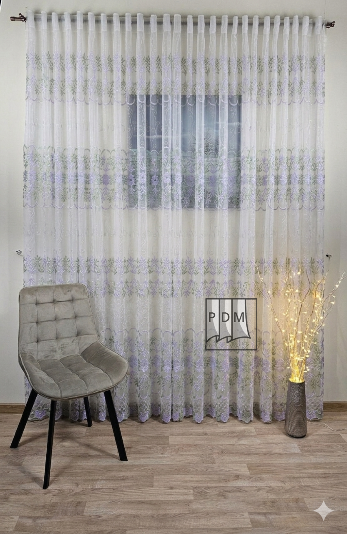 poze Perdea tulle brodat, alb, broderie alb/verde crud