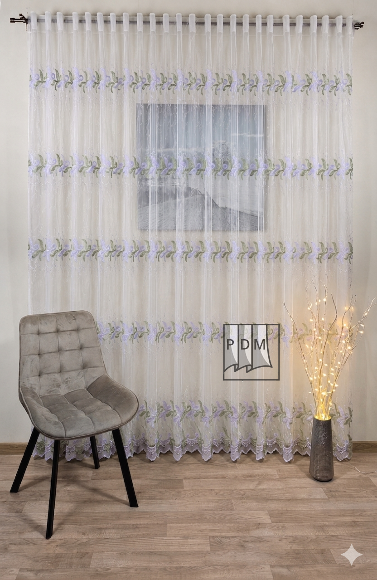 poze Perdea tulle brodat, alb, broderie cu frunze, alb/verde