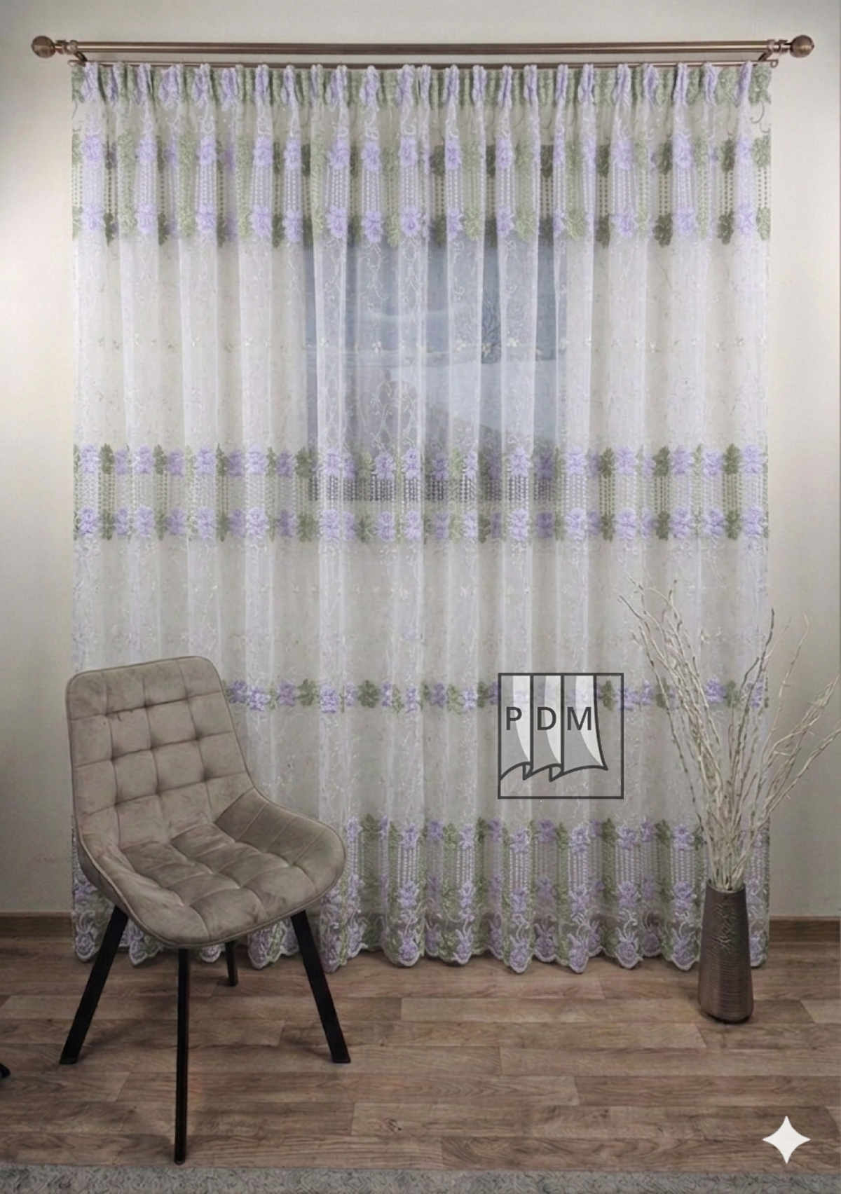 poze Perdea tulle brodat, alb, broderie cu trandafiri ,alb/verde (disponibil 1 buc× 3 m + 1 buc× 5 m)