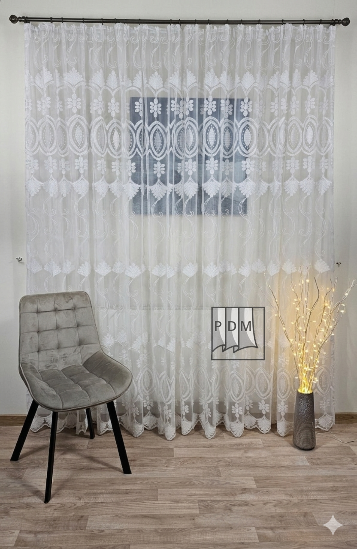 poze Perdea tulle brodat, alb, broderie fir sidefat