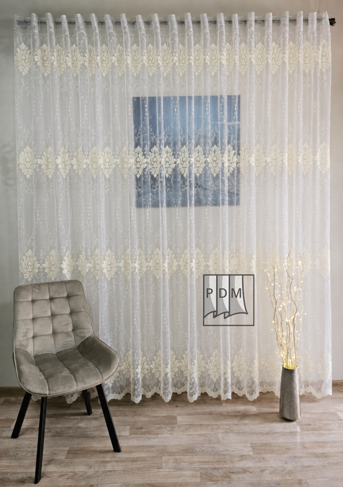 poze Perdea tulle brodat, crem, broderie model baroc