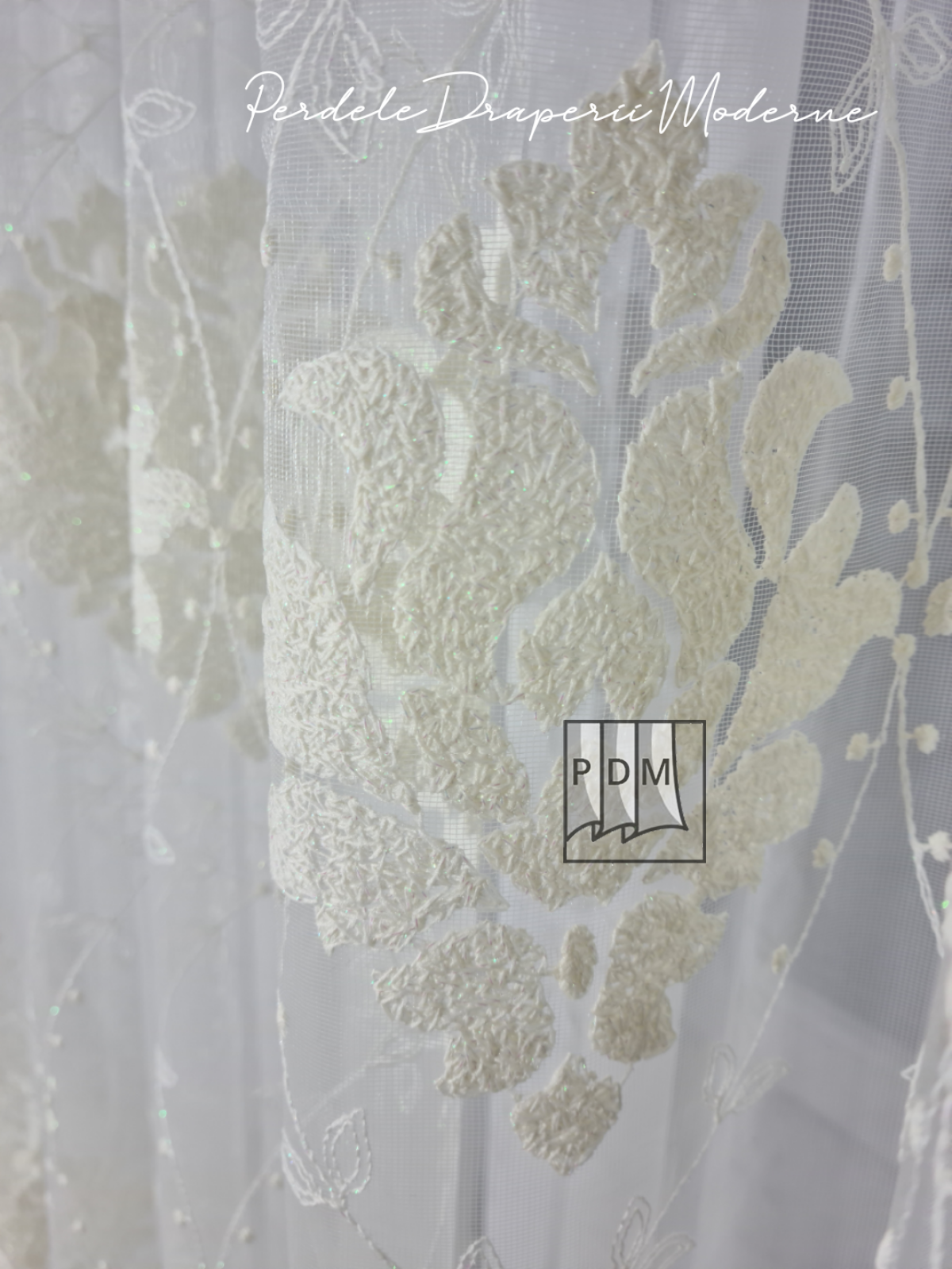Perdea tulle brodat, crem, broderie model baroc imagine 2