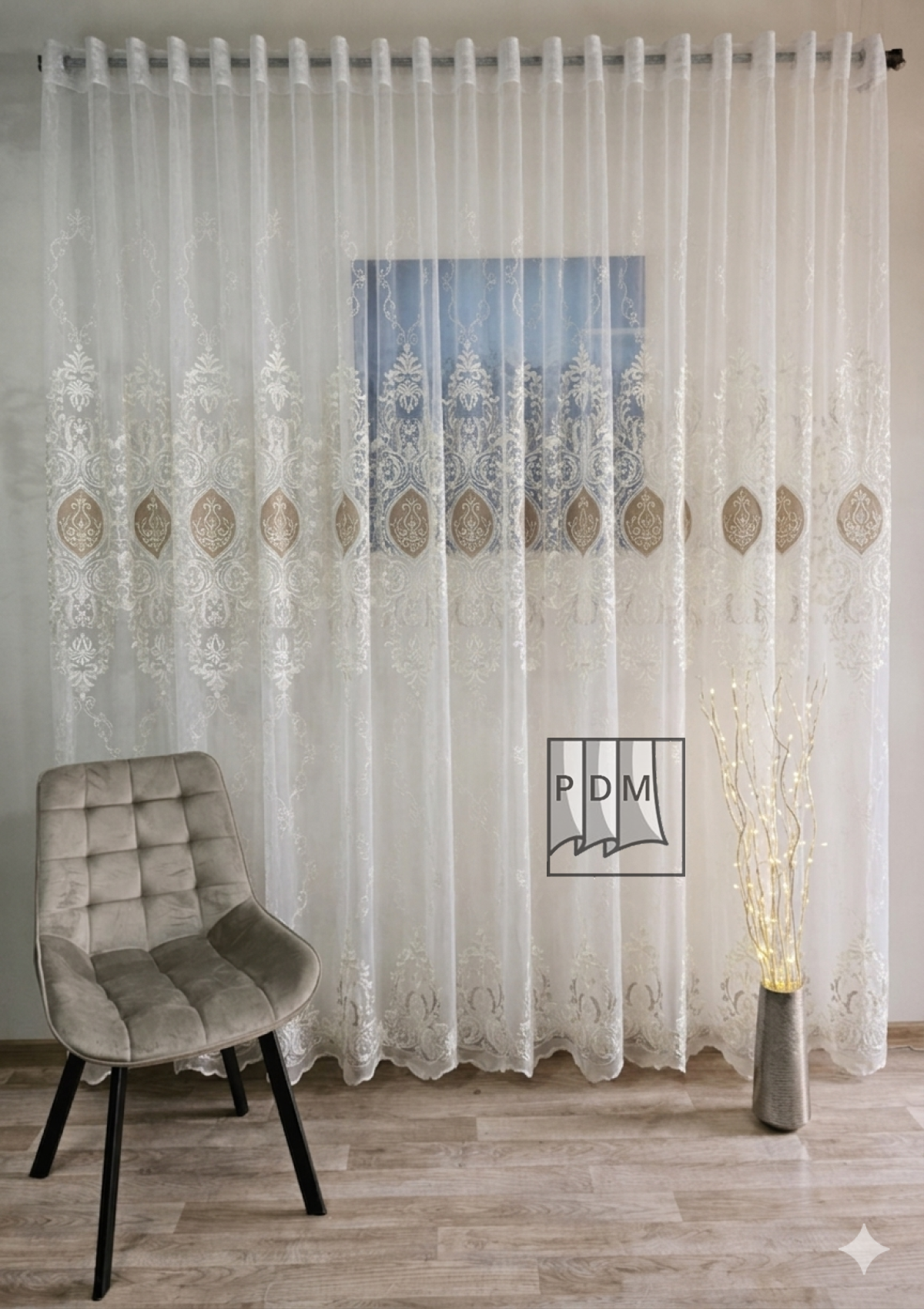 poze Perdea tulle brodat, gama lux, insertii de catifea, ivoire/capuccino