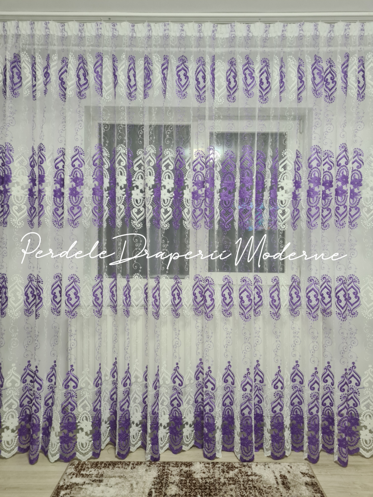 Perdea tulle brodat,alb/lila imagine 1