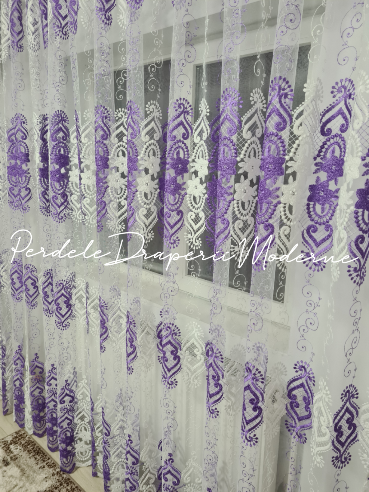 Perdea tulle brodat,alb/lila imagine 2