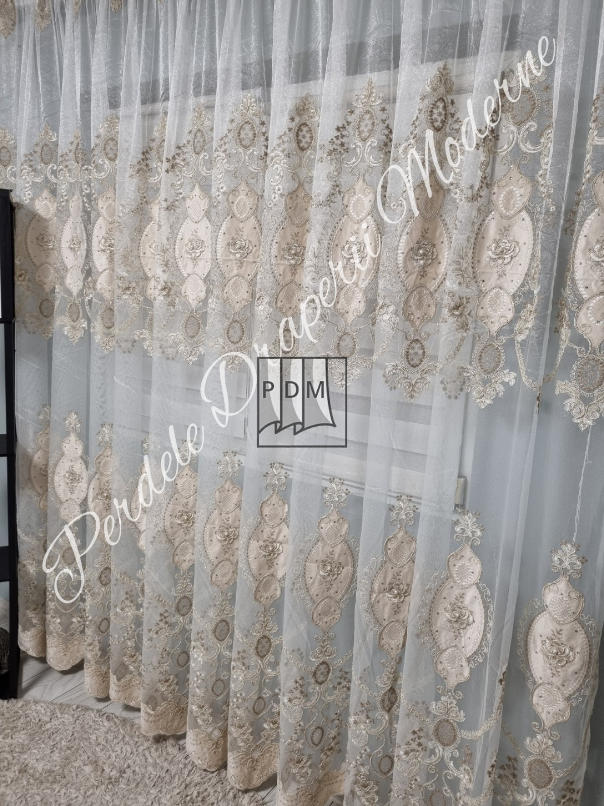 Perdea tulle brodat,gama lux,bej imagine 2